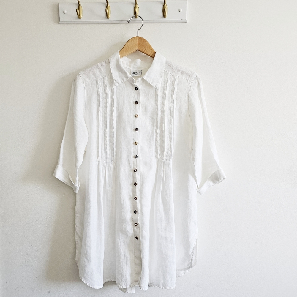 Vintage 90s Click Color Me Linen Button Down Blouse White Pleated USA
